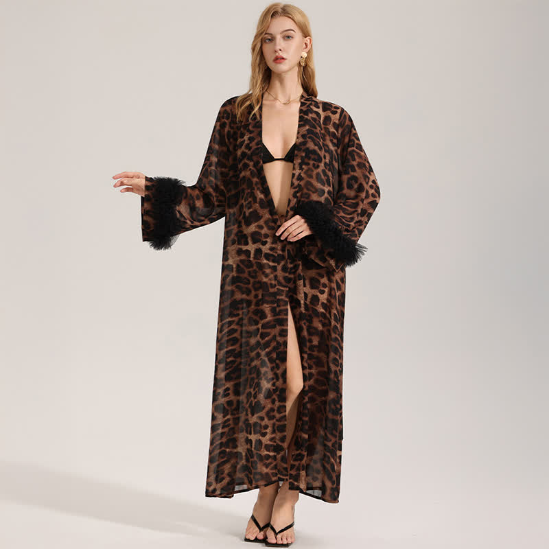 Peignoir kimono à manches longues imprimé léopard