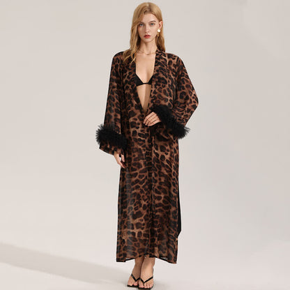 Peignoir kimono à manches longues imprimé léopard