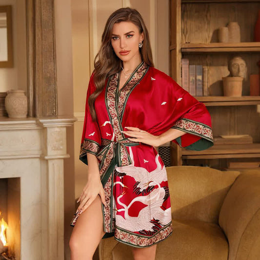Peignoir kimono court à imprimé grue
