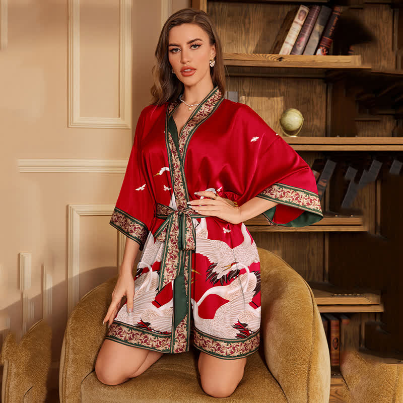 Peignoir kimono court à imprimé grue