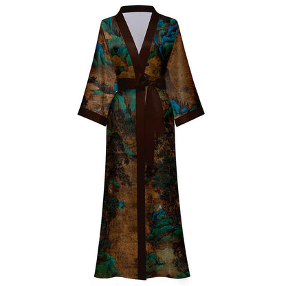 Peignoir kimono à imprimé paysage oriental