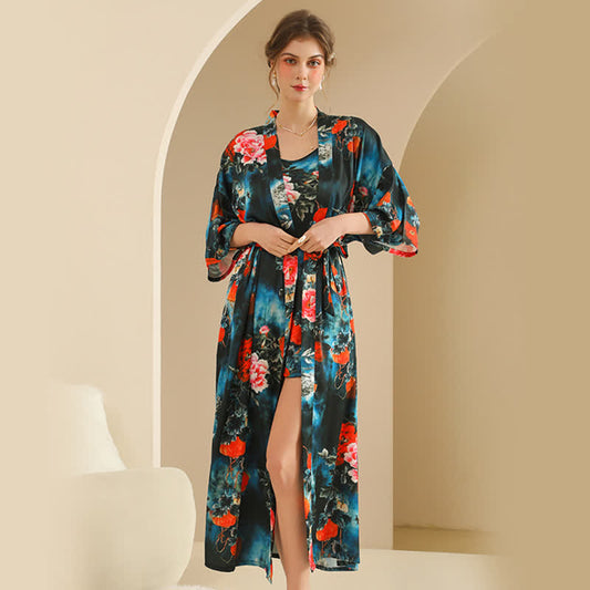 Ensemble de peignoir luxueux style kimono pivoine