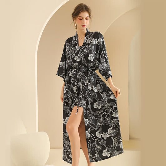 Ensemble peignoir kimono hibiscus noir