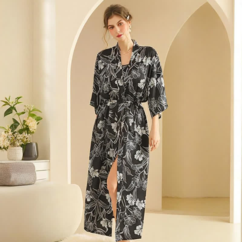 Ensemble peignoir kimono hibiscus noir