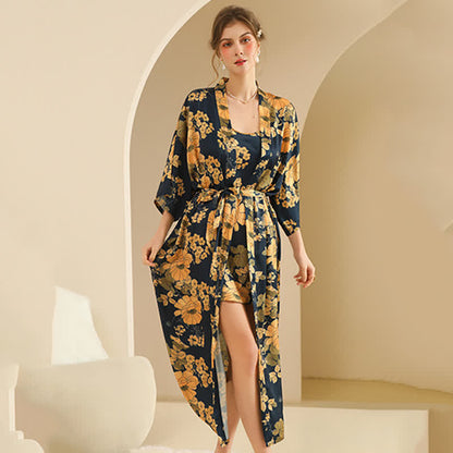 Ensemble peignoir kimono fleuri jaune