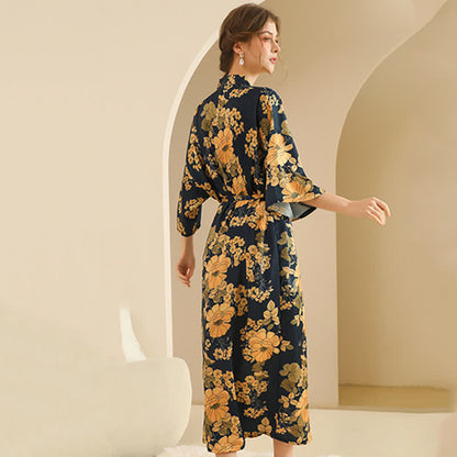 Ensemble peignoir kimono fleuri jaune
