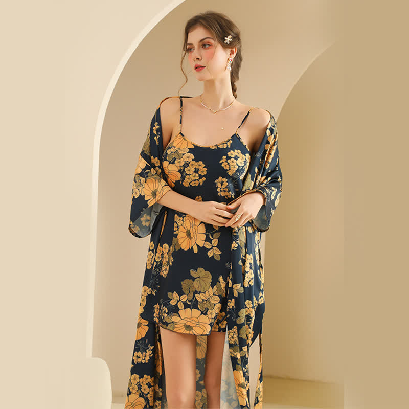 Ensemble peignoir kimono fleuri jaune