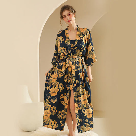 Ensemble peignoir kimono fleuri jaune