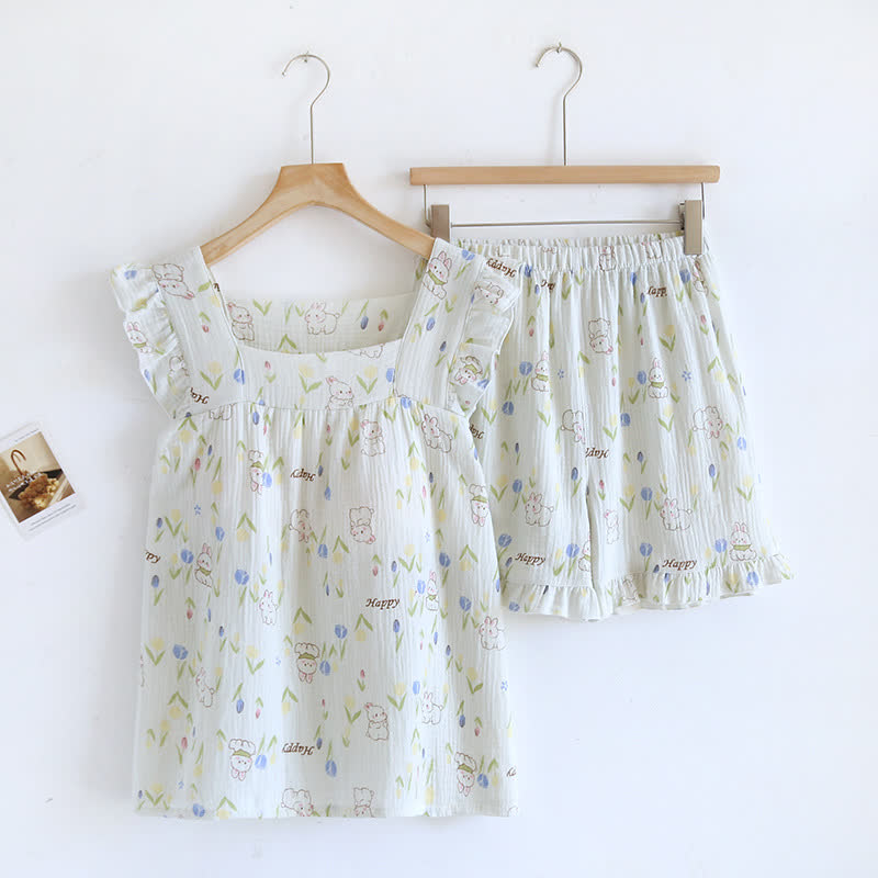 Ensemble de vêtements de détente à manches flottantes et imprimé lapin floral