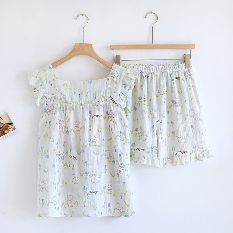 Ensemble de vêtements de détente à manches flottantes et imprimé lapin floral