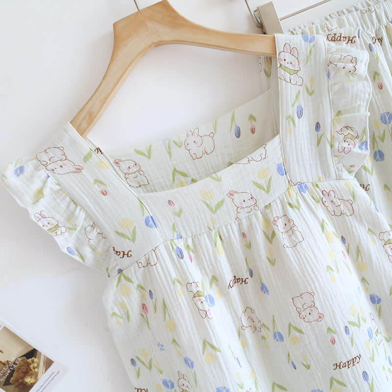 Ensemble de vêtements de détente à manches flottantes et imprimé lapin floral