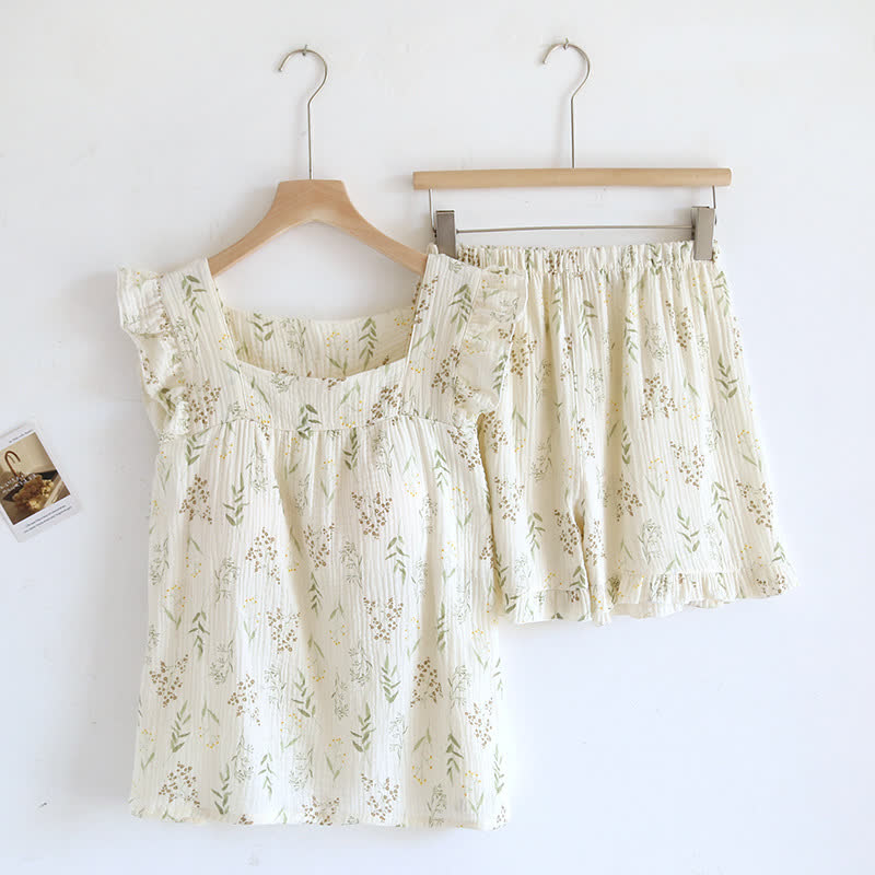 Ensemble pyjama rembourré avec motif de feuilles et manches flottantes