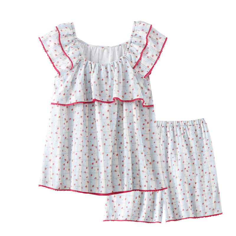 Pyjama en coton rouge à motif floral et manches flottantes