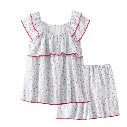 Pyjama en coton rouge à motif floral et manches flottantes