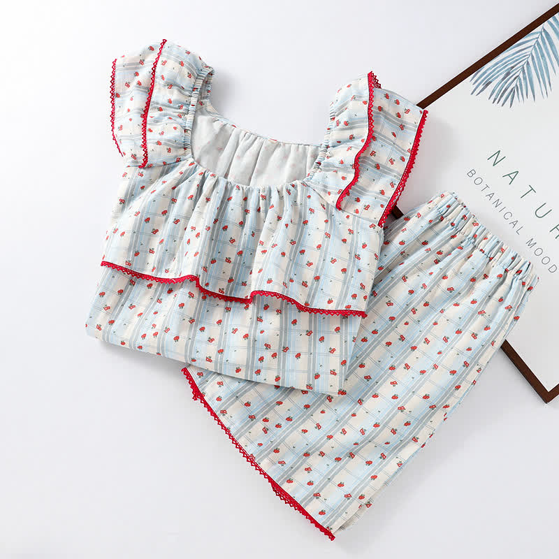 Pyjama en coton rouge à motif floral et manches flottantes