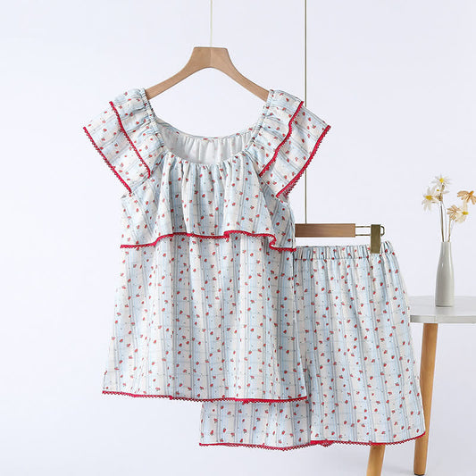 Pyjama en coton rouge à motif floral et manches flottantes