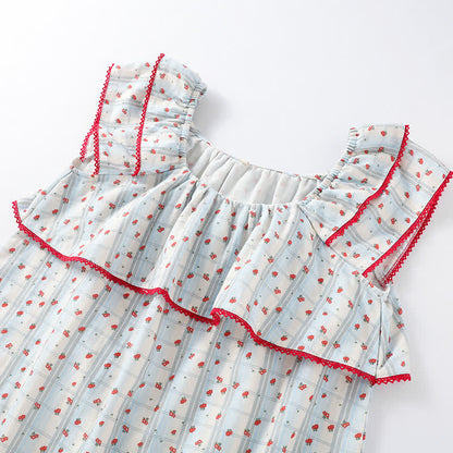 Pyjama en coton rouge à motif floral et manches flottantes