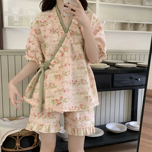 Ensemble pyjama fleuri rose avec manches à volants
