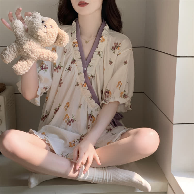 Ensemble pyjama à manches volantées et imprimé floral