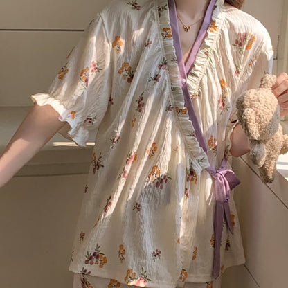 Ensemble pyjama à manches volantées et imprimé floral
