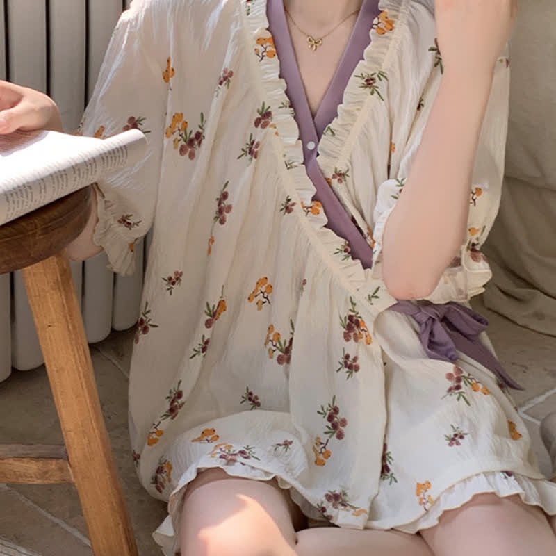 Ensemble pyjama à manches volantées et imprimé floral