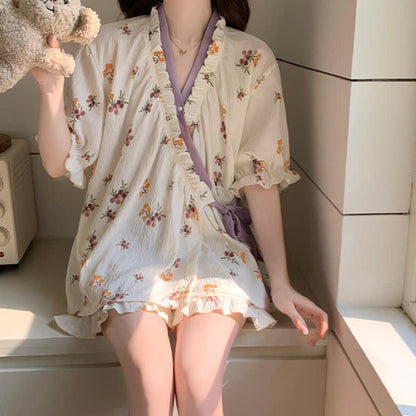 Ensemble pyjama à manches volantées et imprimé floral