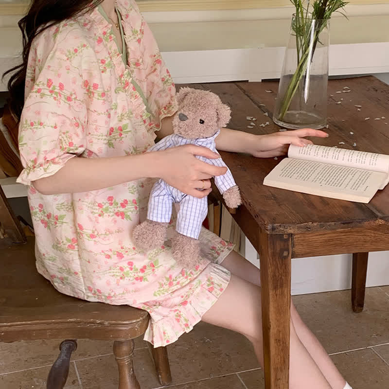 Ensemble pyjama fleuri rose avec manches à volants
