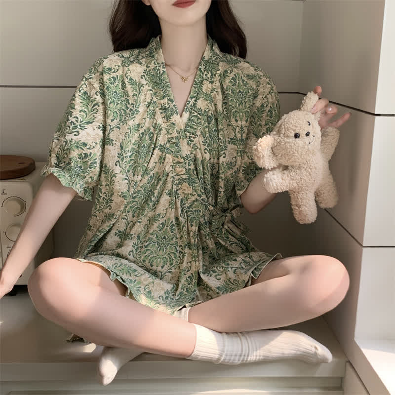 Ensemble pyjama vert à motif floral et manches à volants