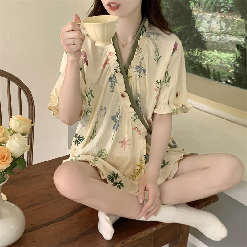 Ensemble pyjama à imprimé hortensia et manches à volants