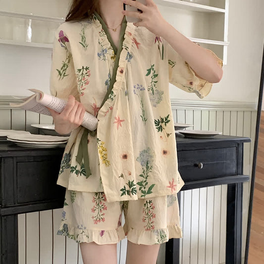 Ensemble pyjama à imprimé hortensia et manches à volants