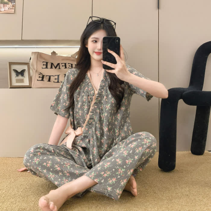 Ensemble de nuit kimono à motif rose et volants