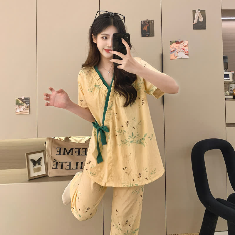 Ensemble de nuit kimono à motif de feuilles et volants