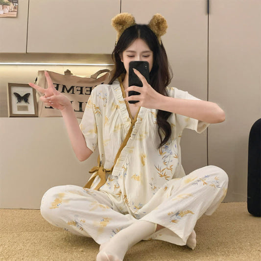Ensemble de nuit kimono à volants en feuilles de bambou