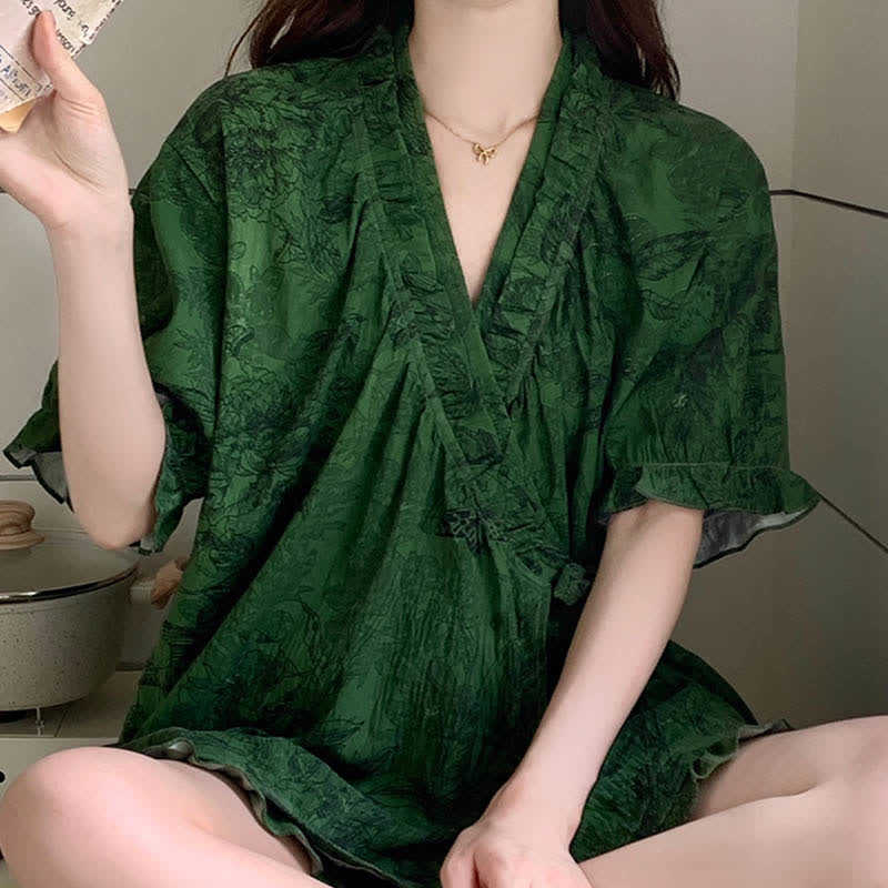 Ensemble pyjama élégant avec manches à volants et motif botanique