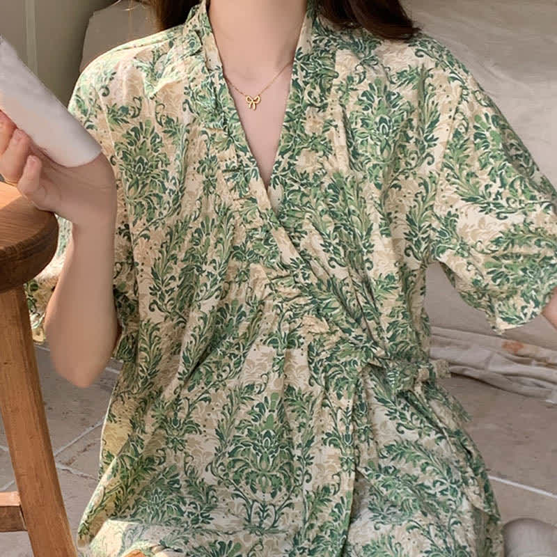 Ensemble pyjama vert à motif floral et manches à volants - image 2