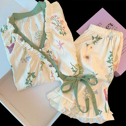 Ensemble pyjama à imprimé hortensia et manches à volants