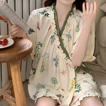 Ensemble pyjama à imprimé hortensia et manches à volants