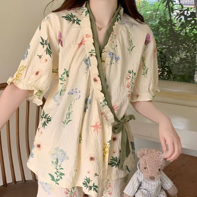 Ensemble pyjama à imprimé hortensia et manches à volants