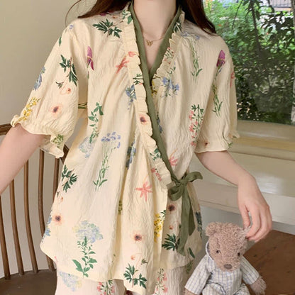 Ensemble pyjama à imprimé hortensia et manches à volants