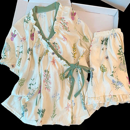 Ensemble pyjama à imprimé hortensia et manches à volants