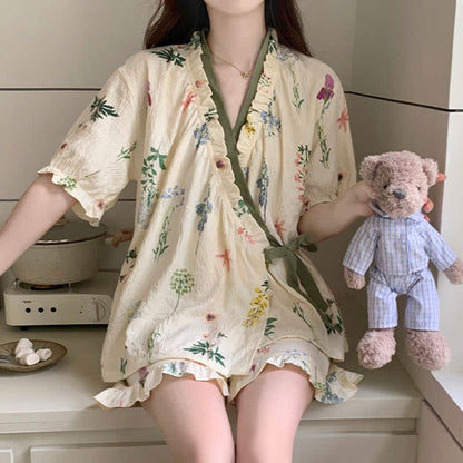 Ensemble pyjama à imprimé hortensia et manches à volants