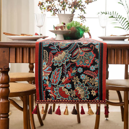 Chemin de table jacquard vintage à motif floral et pompons