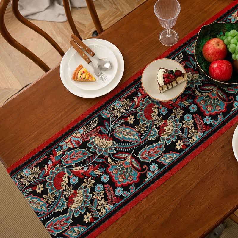 Chemin de table jacquard vintage à motif floral et pompons