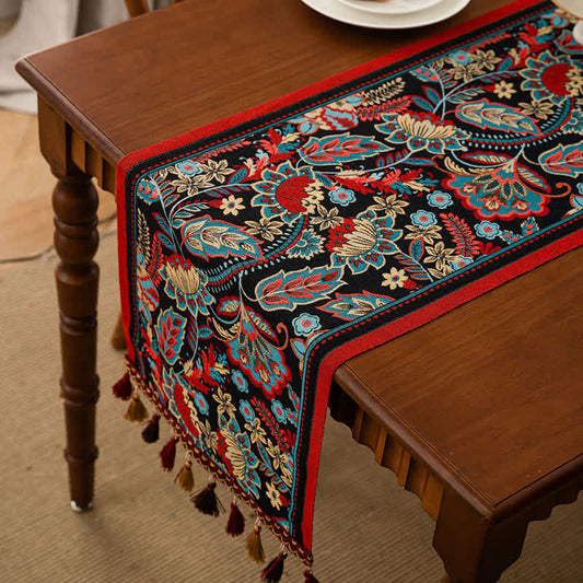 Chemin de table jacquard vintage à motif floral et pompons