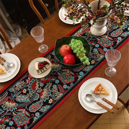 Chemin de table jacquard vintage à motif floral et pompons