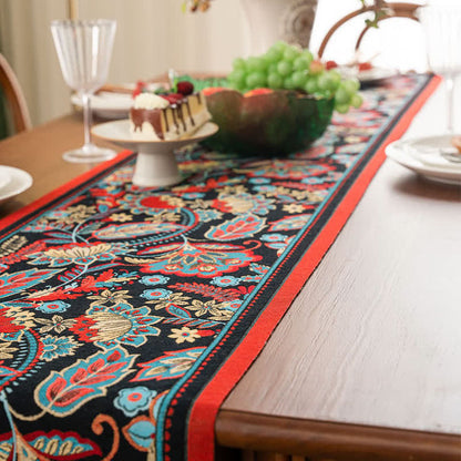 Chemin de table jacquard vintage à motif floral et pompons