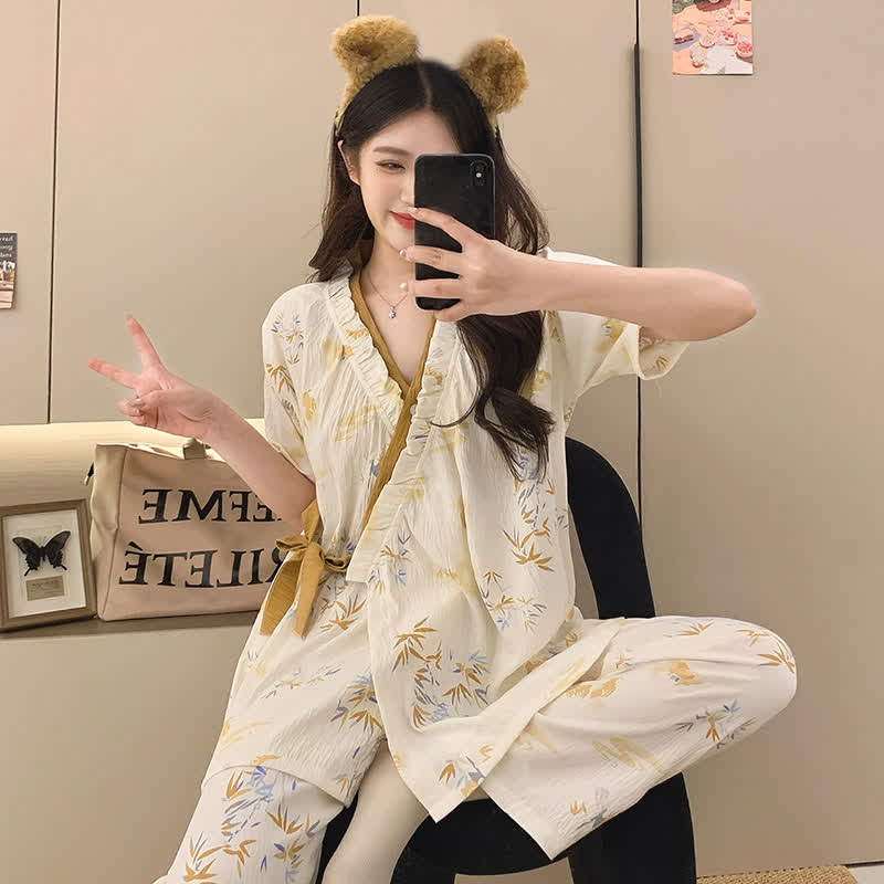 Ensemble de nuit kimono à volants en feuilles de bambou