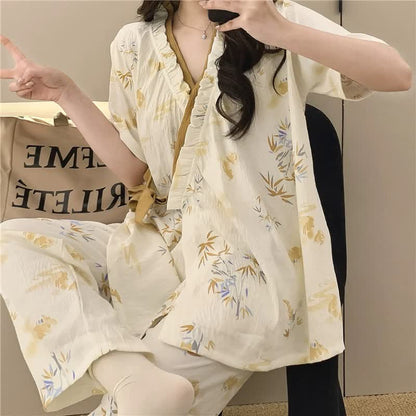 Ensemble de nuit kimono à volants en feuilles de bambou