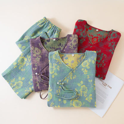 Ensemble de nuit en gaze de coton à motif jacquard et motif rose