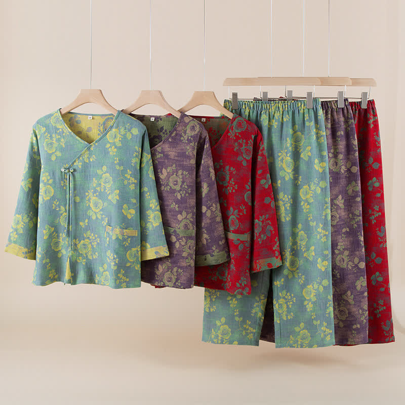 Ensemble de nuit en gaze de coton à motif jacquard et motif rose